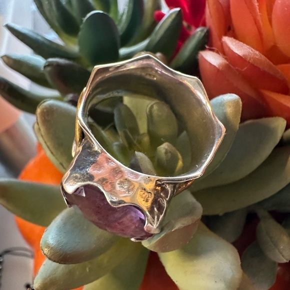 Arya Design Signed 925 Sterling Silver Gold Amethyst Hammered Boho Ring Size 8 - Picture 14 of 16